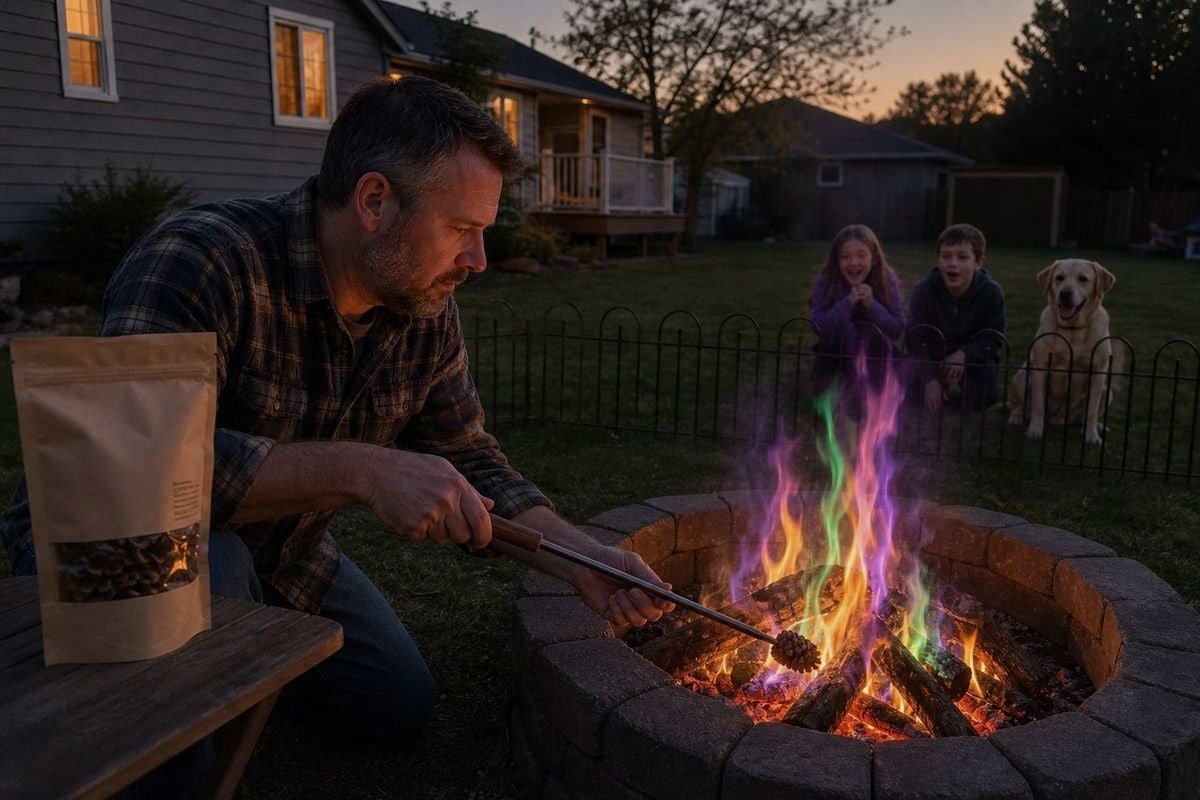Colored pine cones burning safely in outdoor campfire fire pit (ID#1)