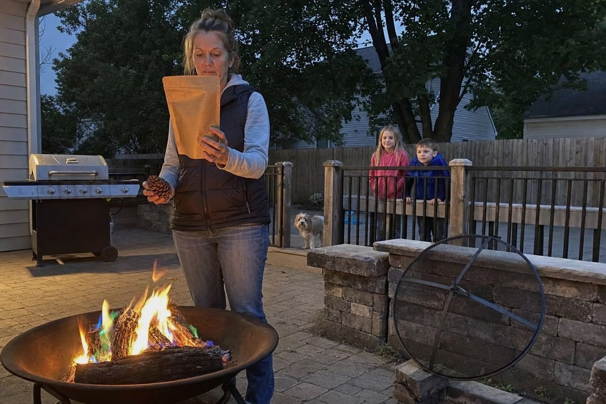 Safety precautions for adding colored pine cones to fire pits outdoors (ID#2)