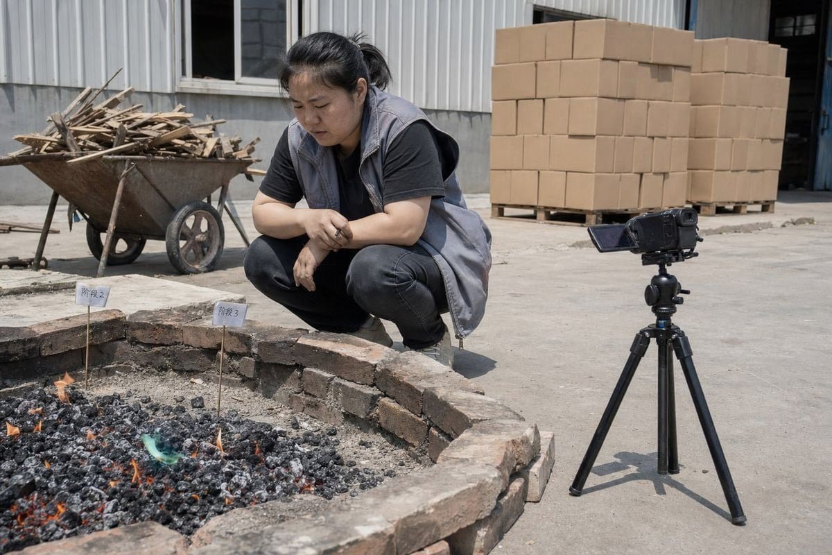 Coal stage of a wood fire ideal for adding colored pine cones for vivid flame color (ID#2)