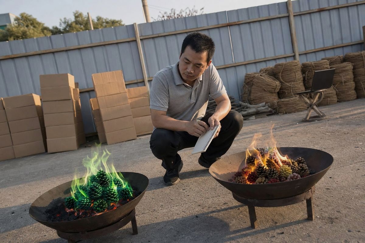 Wood-burning fireplaces and fire pits safe for colored pine cones, never gas fireplaces (ID#4)