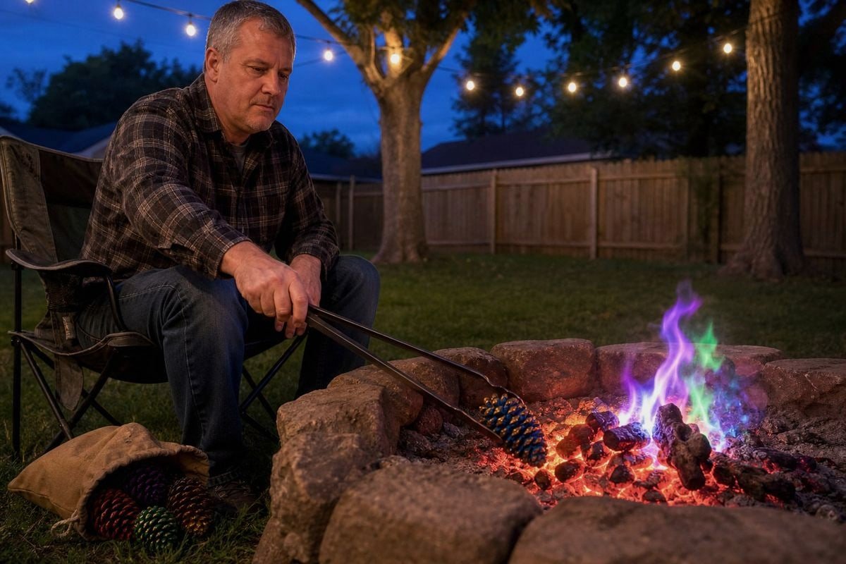 Using tongs, ventilation, and caution when burning colored pine cones safely (ID#5)