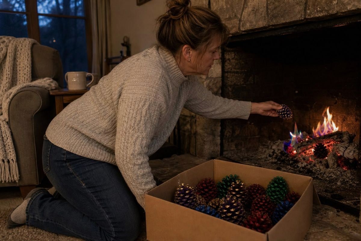 Colored pine cones for fireplace showing uses per box per heating season (ID#1)