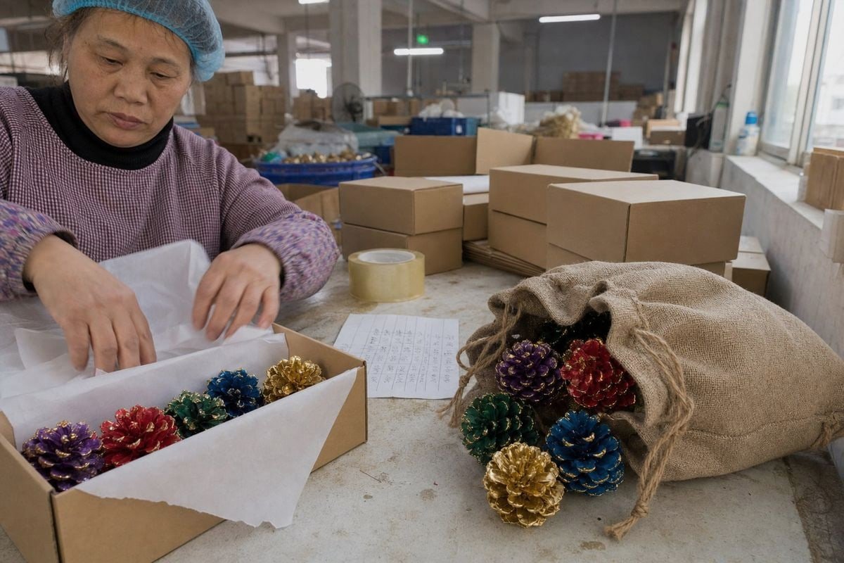 Comparison of gift-boxed versus bagged fireplace colored pine cones packaging (ID#1)