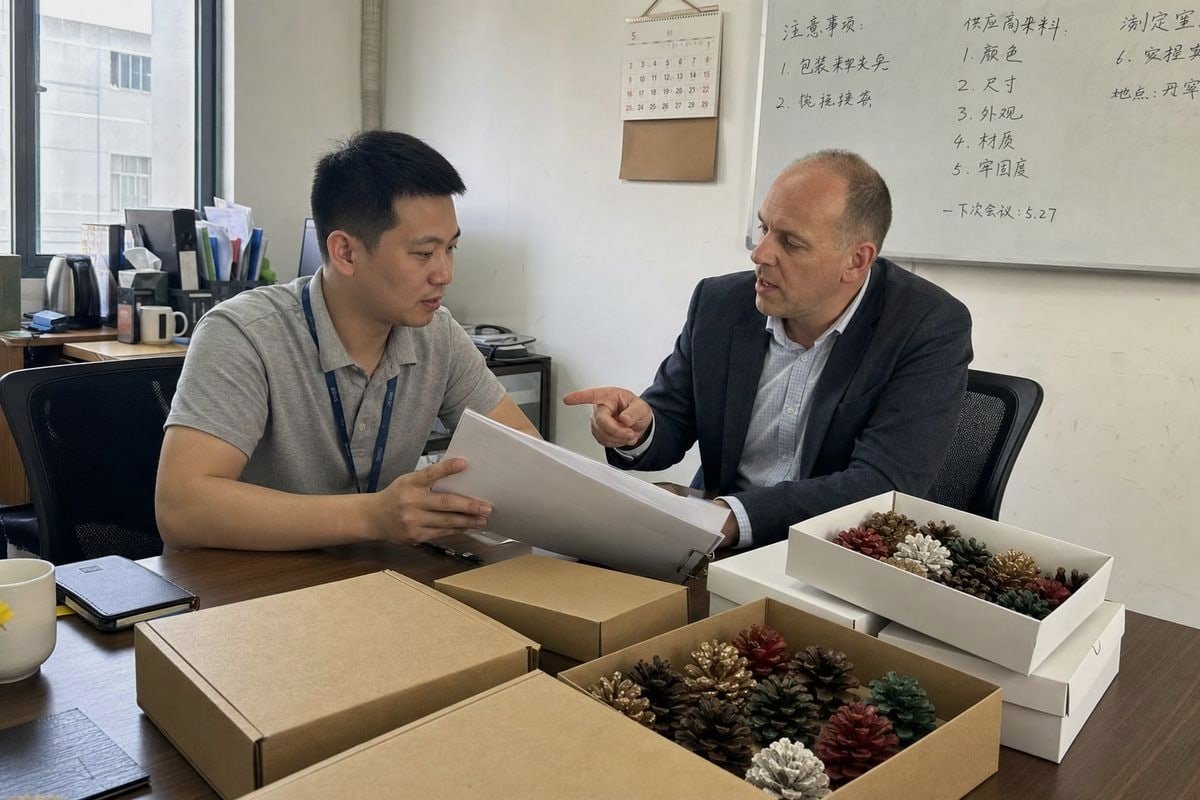 قائمة التحقق من شهادات الموردين Certifications like ISO 9001, BSCI, CE, and SGS reports to verify before reordering colored pine cones (ID#2)