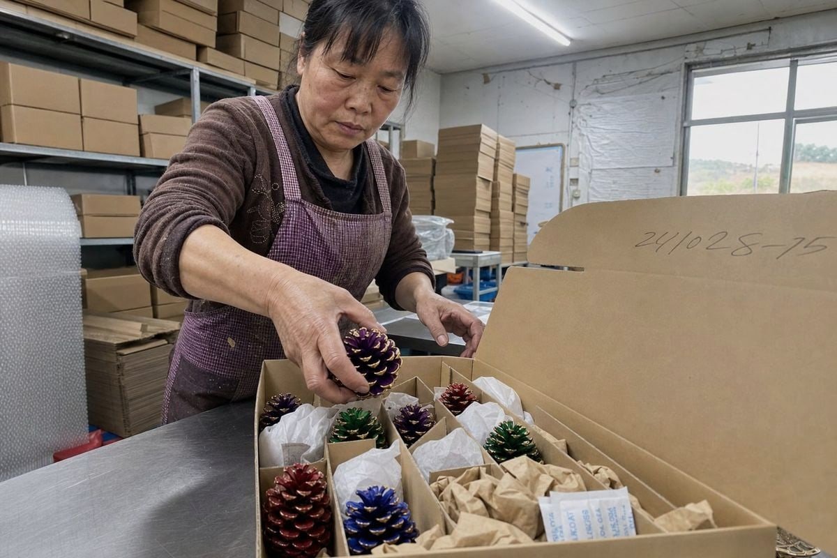 Packaging fireplace colored pine cones to prevent crushing during storage (ID#1)
