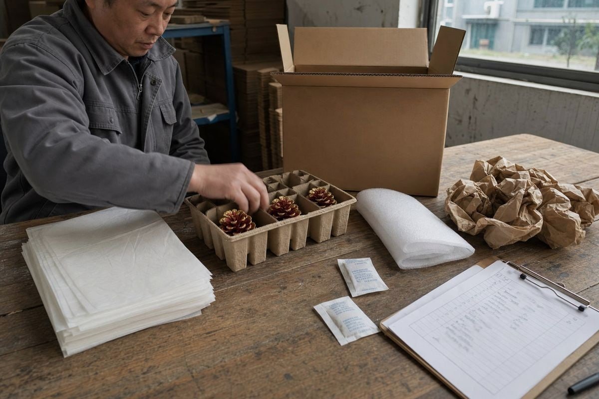 Protective Shipping Materials Acid-free tissue, foam sheets, and corrugated cartons protecting pine cones during long-distance shipping (ID#2)