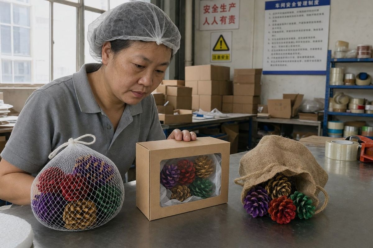 Comparison of mesh, box, and burlap packaging pros and cons for colored pine cones (ID#1)