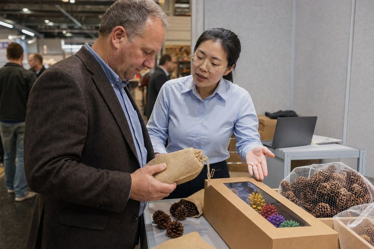 Retail Shelf Appeal Boxes, burlap, and mesh compared for retail shelf appeal of colored pine cones (ID#3)