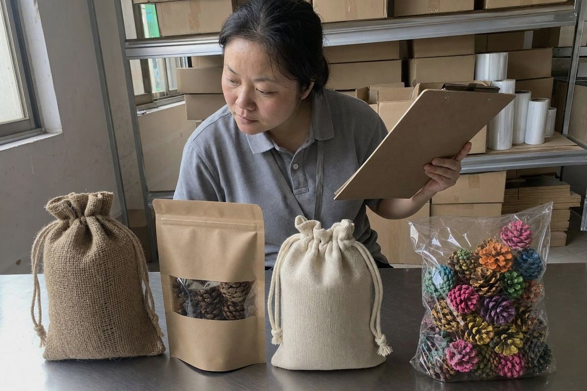 Colored Pine Cone Packaging Eco-certified burlap and kraft packaging materials used for colored pine cones (ID#2)
