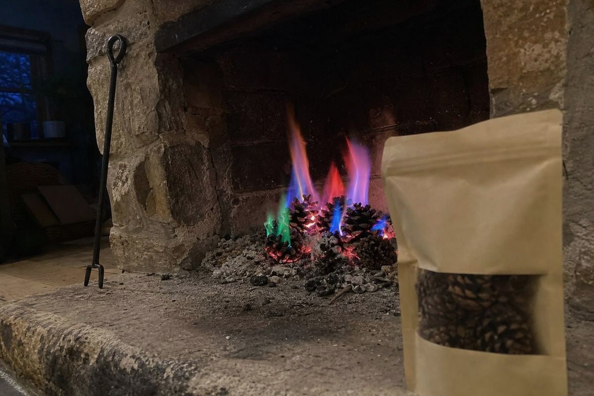 Biodegradable colored fireplace pine cones showing eco-friendly, environmentally safe design (ID#1)